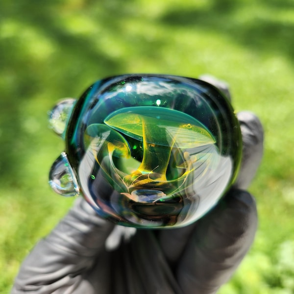 Green Frit Glass Pipe with Triple Mushroom Implosion – 4” Hand Pipe, Dot Accent, Unique Bowl Art, Emerald to Black Color Mix, Heady Piece