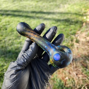 Matte Black Sandblasted Glass Pipe | Rainbow Fumed Wrap & Rake | Soft Touch Finish | Hand Blown Smoking Bowl