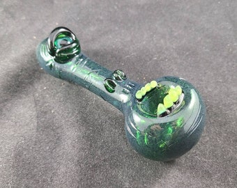 Green Monster Glass Pipe / Green Frit / Sculpted / Eye / Teeth / Heady