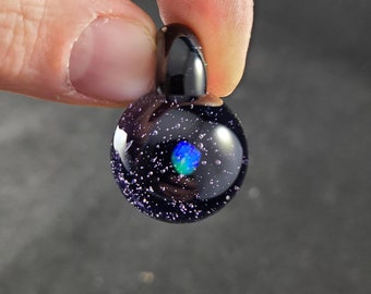 Galaxy Glass Pendant with Opal Center | Celestial Starry Necklace | Cosmic Space Jewelry | Black Suede Cord Included