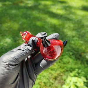 Devil Horn Glass Pipe with Tail-Shaped Neck | Red Frit Spoon with Sculpted Horns | Choose Red or Black | Hand-Blown Fiery Art Glass Bowl