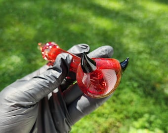 Devil Horn Glass Pipe with Tail-Shaped Neck | Red Frit Spoon with Sculpted Horns | Choose Red or Black | Hand-Blown Fiery Art Glass Bowl