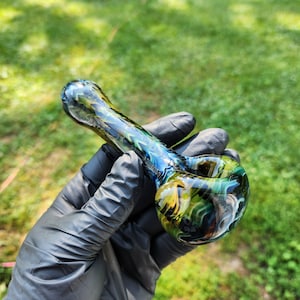 Gold and Silver Fumed Glass Pipe | Rainbow Wrap & Rake Design | Color Shift Over Black | Hand Blown Smoking Bowl