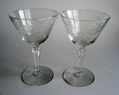 Mid Century Libbey Champagne Coupe Glasses - Glenmore Pattern Cut Floral Stemmed Cocktail Glasses 6 quot Tall - USA - 1950s 1960s