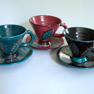 1980s Page Thorbeck Pottery Cup & Saucer Sets: Modern Design Leaf,  Signed