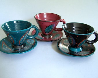 1980s Page Thorbeck Pottery Cup & Saucer Sets: Modern Design Leaf,  Signed
