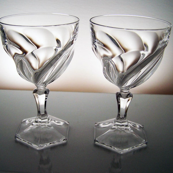 Pair of 1980s Geometric Glasses - Cristal d'Arques "Orsay" 5 7/8" Water/Wine Glasses - Swirl Bowl, Hexagon Base - French Crystal