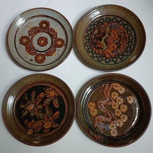 Set of 4 Floyd Kemp Studio Pottery 10" Dinner Plates - Vintage Handmade Stoneware, Earth Tones