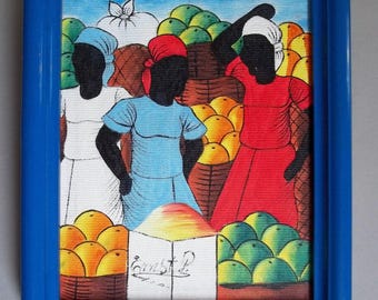 Island Folk Art Painting: Haitian Market Scene by Ernst P., 8x10" Canvas
