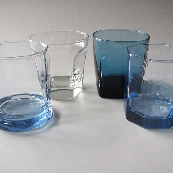 Mismatched Barware Set - 4 Geometric Old Fashioned Glasses - Panels, Square, Octagon - Clear, Blue - Vintage Crystal Barware