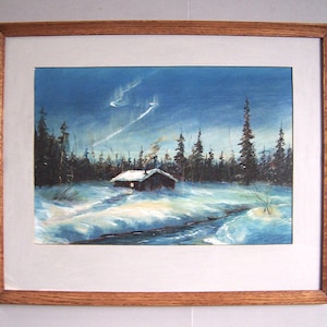 Cabin in the Woods Painting - Northern Lights Landscape, Signed Farrell Lehigh
