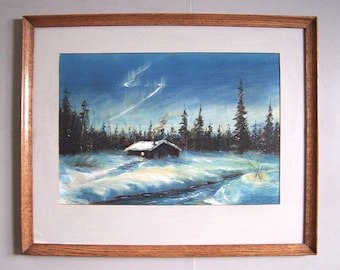 Cabin in the Woods Painting - Northern Lights Landscape, Signed Farrell Lehigh