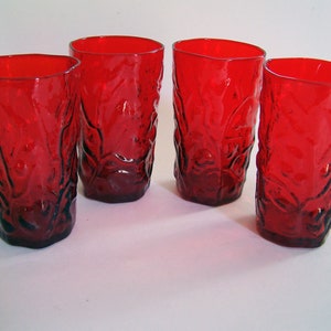 4 Seneca Driftwood Red - 6 Ounce Glasses - Mid Century 4 1/8&quot; Flat Juice Glass - Ruby Red Crinkled Texture, Rippled Surface - Holiday Glass
