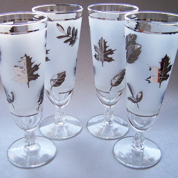 4 Mid Century Silver Trim Pilsner Glasses - Libbey "Silver Leaf" - 1960s - Vintage Barware - Mid Century Beer Glasses
