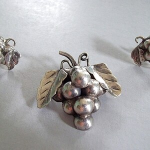 May include: A silver jewelry set consisting of a brooch and a pair of matching earrings. Each piece features a three-dimensional cluster of spherical grapes accompanied by two textured leaves and a small stem, all rendered in polished silver metal.