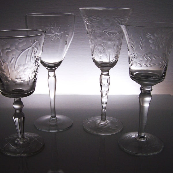 Vintage Mismatched Barware - Set of 4 Cut Floral Crystal Water or Wine Glasses - Orphan Goblet Set - Lovely Singles