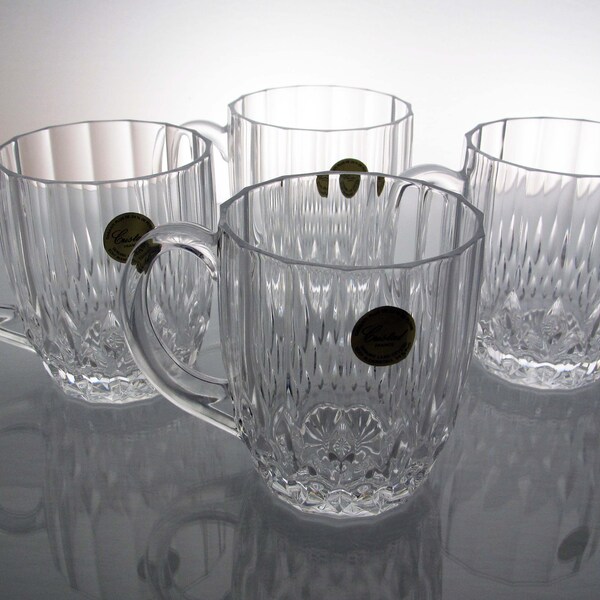 4 Cristal d'Arques "Bretagne" Mugs - Clear Holiday Cups - Geometric Pattern Heavy Crystal Mug - Coffee, Tea, Hot Chocolate, Mulled Cider Cup