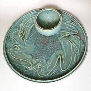 Vintage Studio Pottery Green Chip and Dip - 12" Decorated Abstract Design - Artist Signed Shannon