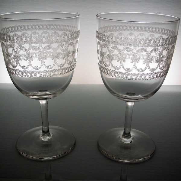 Pair Very Old Needle Etched Water Glasses - Unknown Maker - Geometric Band With Scroll and Rope Etch - 12 Ounce Bowl, Smooth Stem