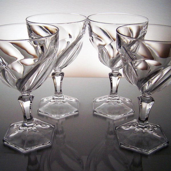 4 Geometric Panel Cut Glasses - Cristal d'Arques "Orsay" 5 7/8" Water/Wine Glasses - Swirl Bowl, Hexagon Base - French Crystal