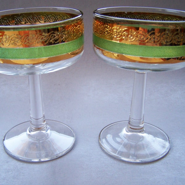 Pair of Green and Gold Mid Century Champagne Glasses by Starlyte - Retro Barware - Embossed Gold Scroll