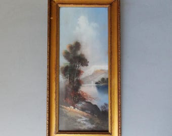 Vintage Early 20th Century Landscape - Soft Pastel Painting of Trees Overlooking Lake and Mountains - Cabin/Cottage Art