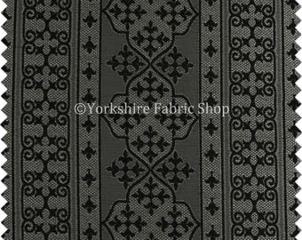 Black Silver Shine Effect Striped Medallion Pattern Designer Upholstery Fabric