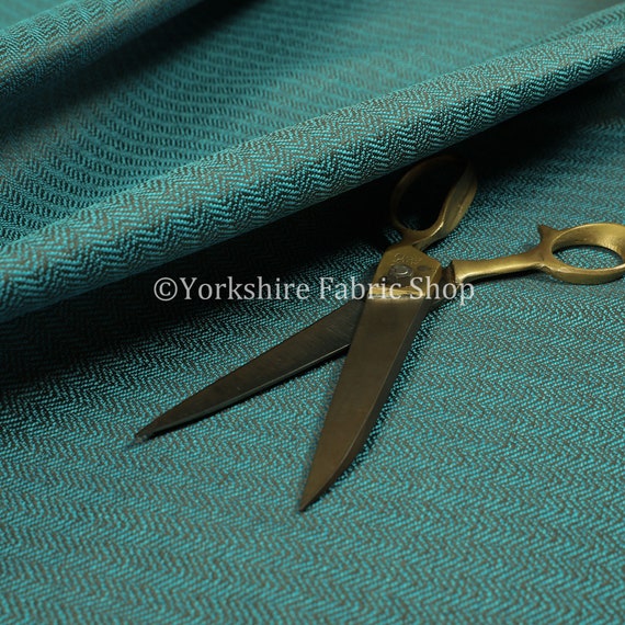 Herringbone Pattern Semi Plain Medium Weight Upholstery Fabric Teal Blue Colour