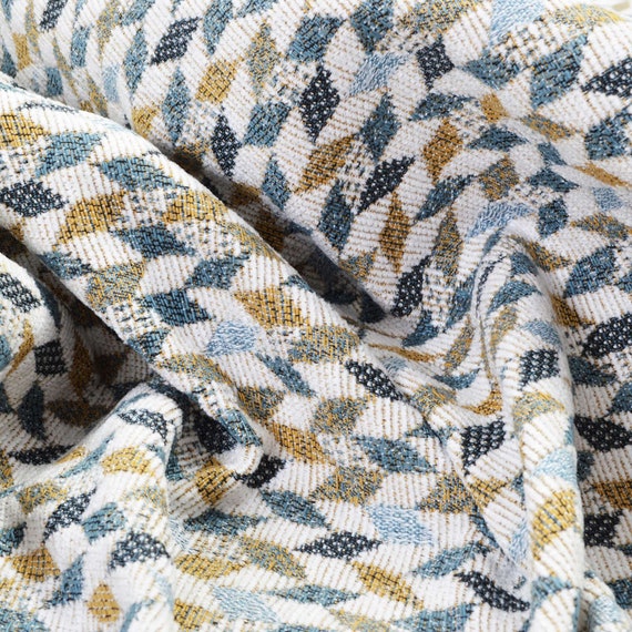Woven Jacquard Chenille Geometric Fabric – Yellow Blue White Curtain Material (Sold by Metre)