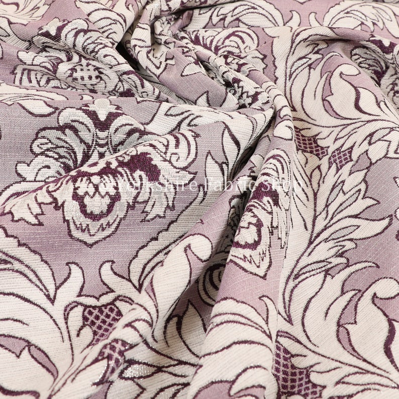 Modern Damask Pattern Silver Shine Effect Purple Upholstery Furnishing Fabric Sold By The 1 Metre Length Fabric