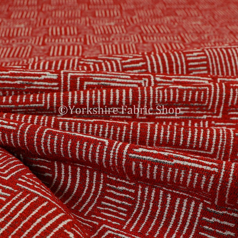 New Quality Chenille Woven Modern Gingham Patchwork Red Upholstery Fabric Sold By The 1 Metre Length Fabric