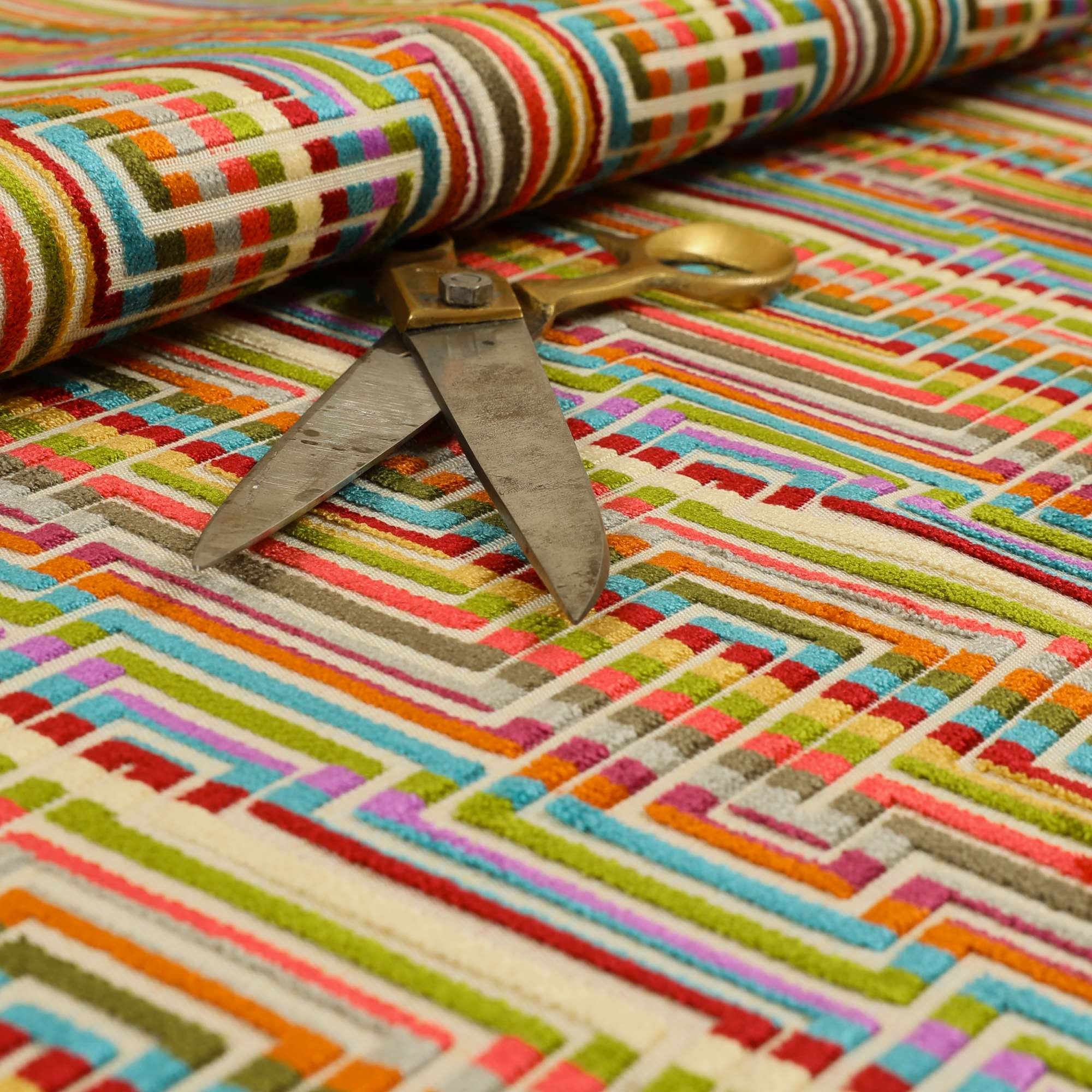 Soft Woven Jacquard Velvet Bright Coloured Geometric Maze Pattern  