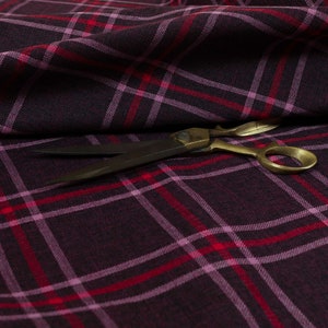 New Furnishing Fabric Textured Quality New Woven Tartan Pattern Upholstery In Purple Red Colour Sold By The Metre