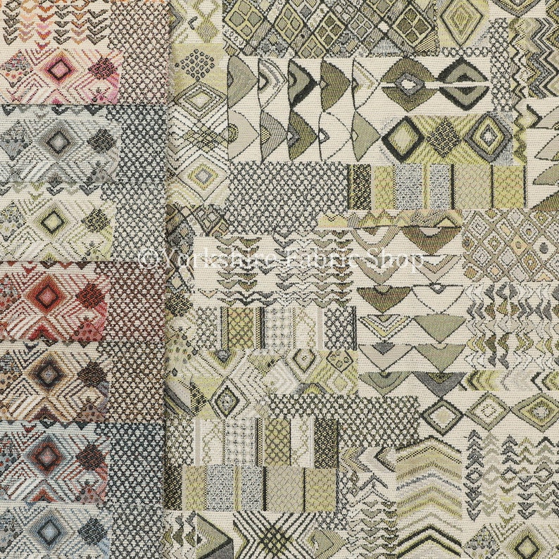 Sold By The Metre Fabric Multicolour Designer African Tribal Inspired Patchwork Small Motif Pattern Upholstery Fabric