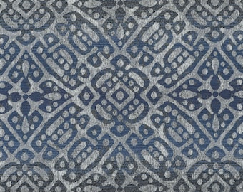 May include: A blue and white patterned fabric with a repeating geometric design. The fabric has a subtle sheen and a textured surface.