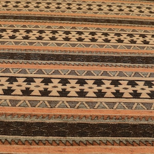 Traditional Medallion Kilim Stripe Pattern Orange Brown Colour Upholstery Chenille Quality Fabric - Sold By The Metre Fabrics