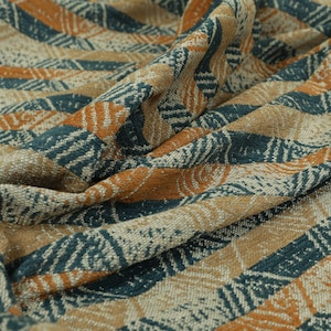 Blue Orange Distressed Tribal Geometric Upholstery Fabric For Curtains, Cushions, Roman Blinds Soft Hard Wearing Quality Fabrics Per Metre