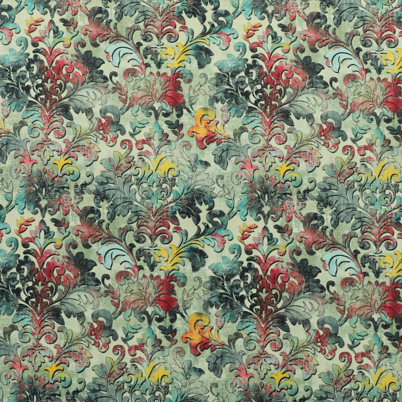 May include: A seamless pattern featuring a vintage damask design with intricate floral motifs in shades of teal, red, yellow, and white on a light green background.
