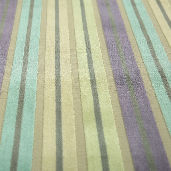 New Designer Modern Quality Aqua Purple Yellow Stripe Patterned Cut Velvet Upholstery Curtain Cushion Fabric
