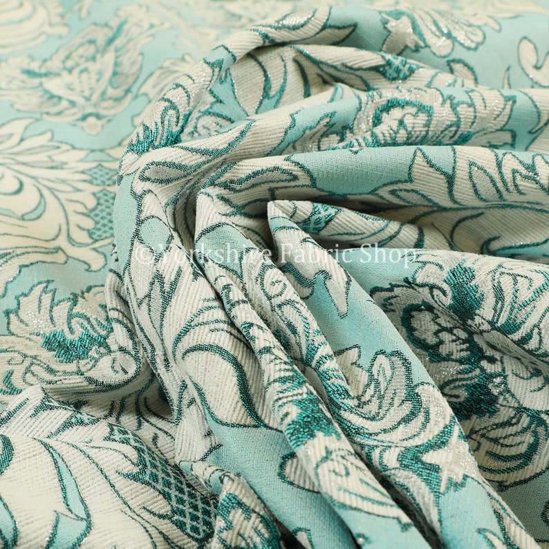 Sold By The 1 Metre Length Fabric Modern Damask Pattern Silver Shine Effect Teal Blue Upholstery Furnishing Fabric