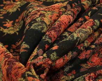 Full Floral Pattern Chenille In Black Red Green Colour Quality Furnishing Fabric - Sold By The 1 Metre Length Fabric