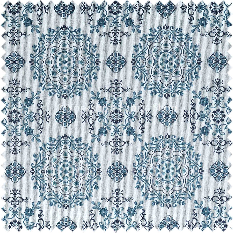 Quality Soft Woven White Blue Colour Medallion Geomteric Pattern Chenille Upholstery Fabric Textiles For Sofa /& Curtains Sold By The Metre