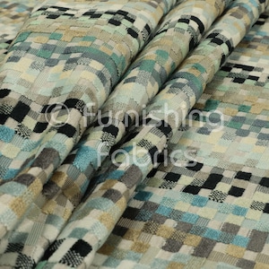 Muted Tones Of Colour Including Blues Beige Greys Cubed Geometric Pattern Cut Velvet Durable Quality Upholstery Fabric By The Metre