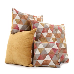 Soft Woven Chenille Vibrant Gold Red White Triangle Geometric Fabric Cushions - 4 sizes Available - Includes Filling Pad