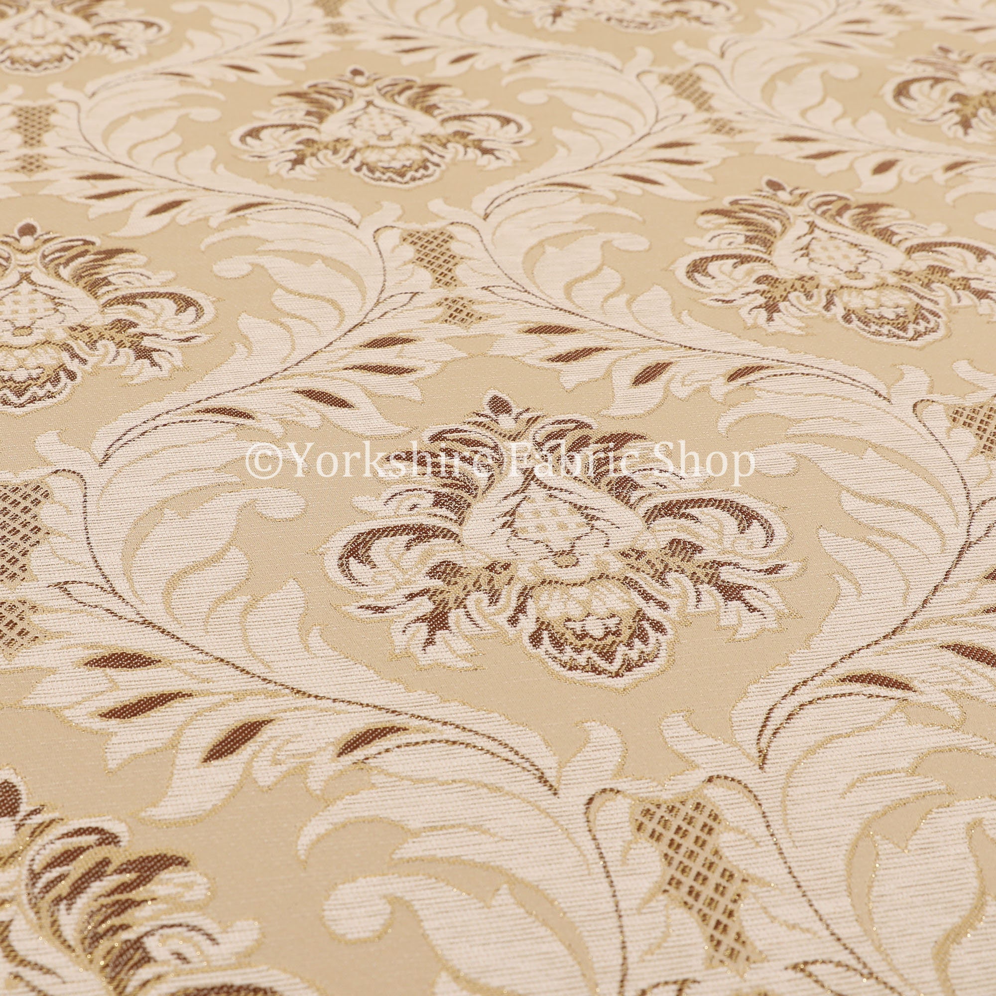 Modern Damask Pattern Golden Shine Effect Cream Upholstery Furnishing Fabric Modern Damask Pattern Golden Shine Effect Cream Upholstery Furnishing Fabric