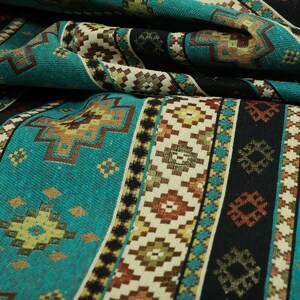 Teal Blue Chenille Upholstery Curtain Fabric Traditional Kilim Stripe Pattern image 2