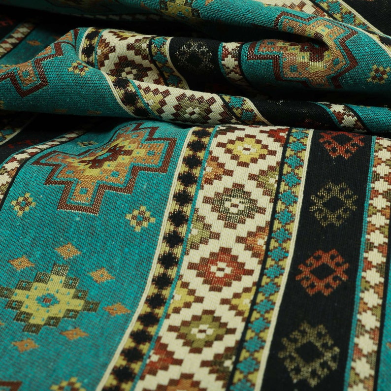 Teal Blue Chenille Upholstery Curtain Fabric Traditional Kilim Stripe Pattern image 2