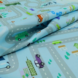 Kinderen Auto Kaart Thema Patroon Bedrukt Canvas Bekleding Stof in blauwe kleur - Verkocht door de 10 meter lengte stof