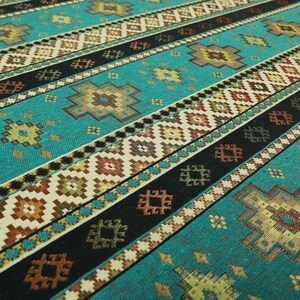 Teal Blue Chenille Upholstery Curtain Fabric Traditional Kilim Stripe Pattern image 3