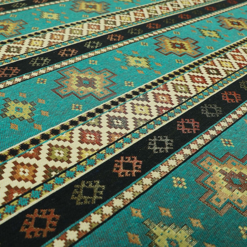 Teal Blue Chenille Upholstery Curtain Fabric Traditional Kilim Stripe Pattern image 3